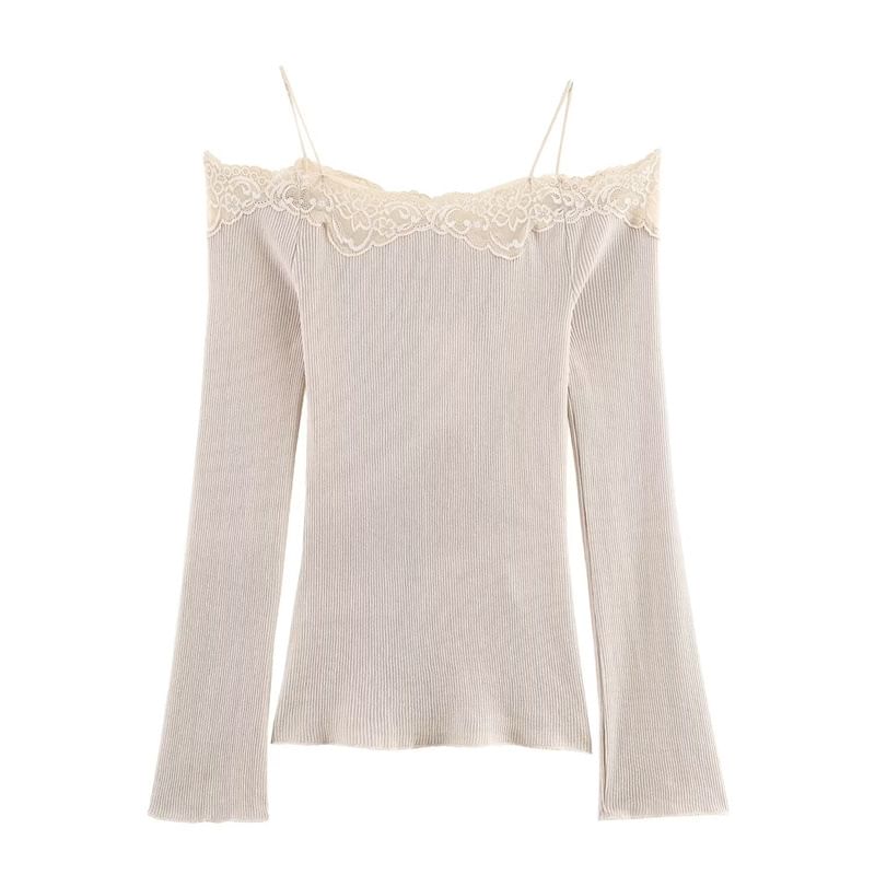 Ribbed Knit Cold-Shoulder Top with Lace Trim