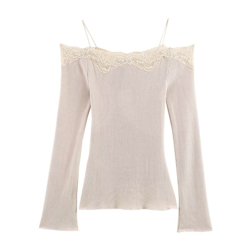 Ribbed Knit Cold-Shoulder Top with Lace Trim