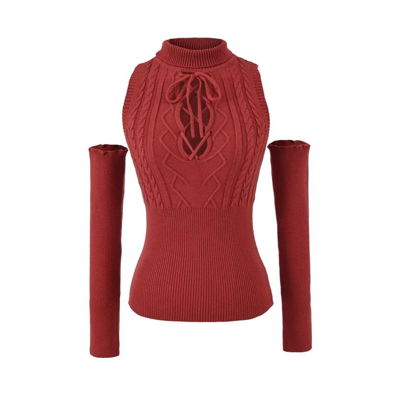 Lace-Up Mock Neck Sleeveless Knit with Arm Covers