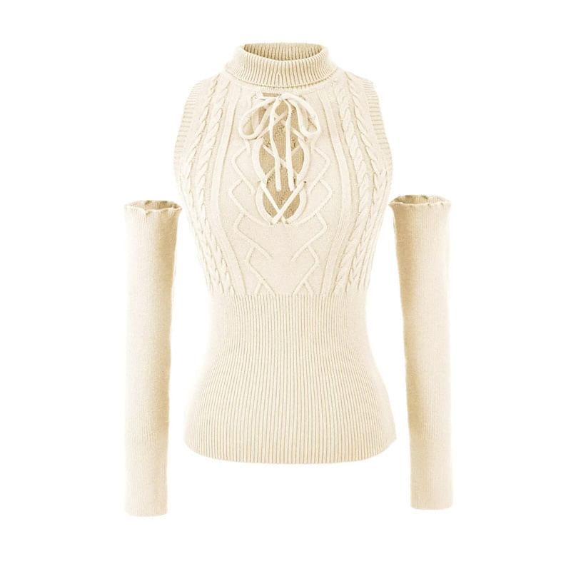 Lace-Up Mock Neck Sleeveless Knit with Arm Covers