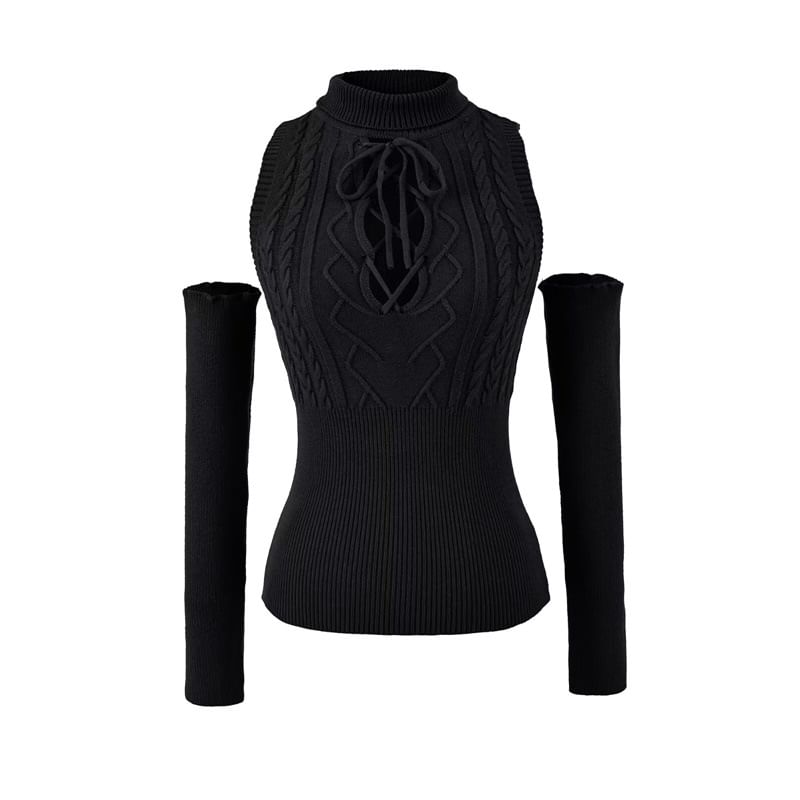 Lace-Up Mock Neck Sleeveless Knit with Arm Covers