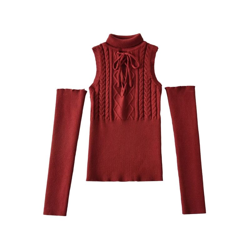 Lace-Up Mock Neck Sleeveless Knit with Arm Covers
