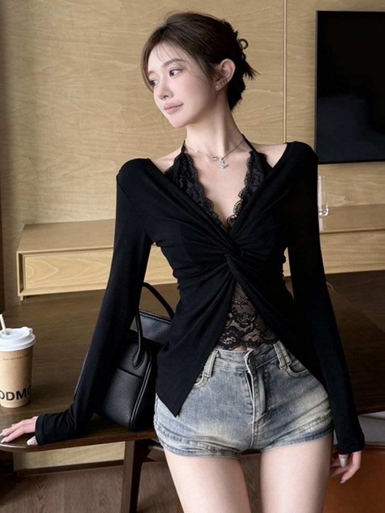Halter Ruched Lace Mock Two-Piece Top