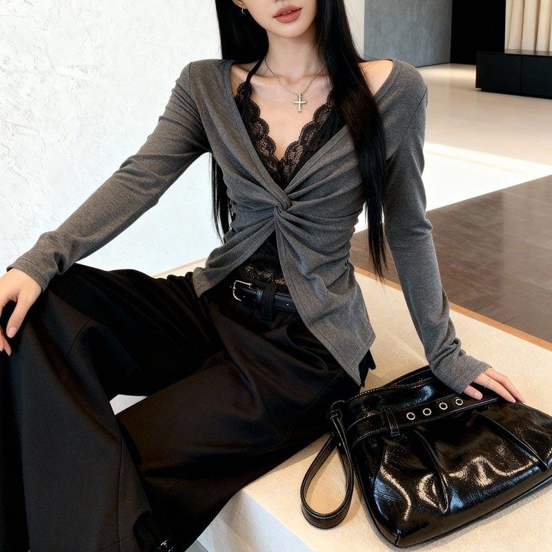 Halter Ruched Lace Mock Two-Piece Top