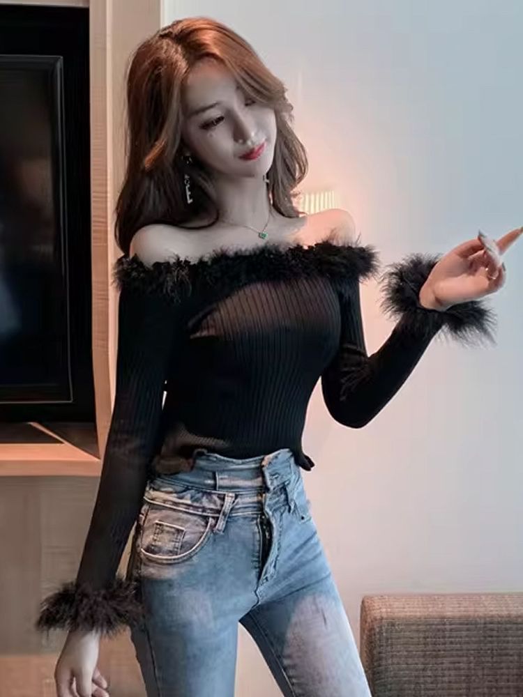 Off-Shoulder Ribbed Knit with Fluffy Trim