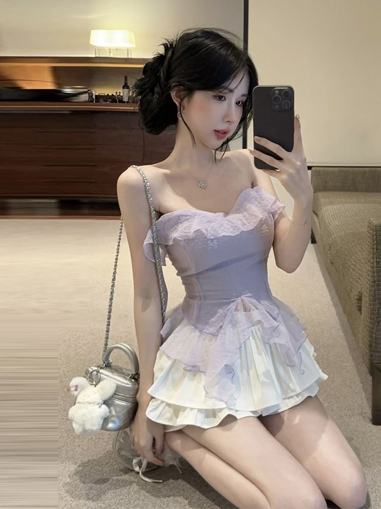 Ruffle Tube Top & High-Waist Skort Set