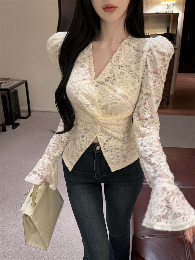 V-Neck Lace Twist Front Blouse