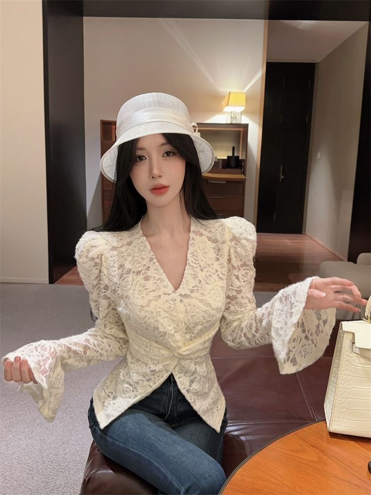 V-Neck Lace Twist Front Blouse