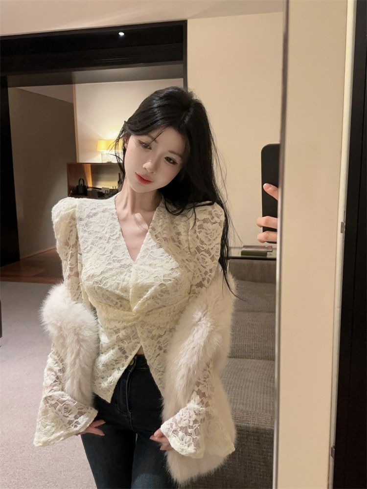 V-Neck Lace Twist Front Blouse