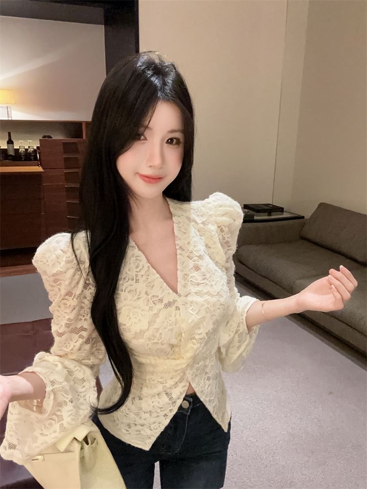 V-Neck Lace Twist Front Blouse