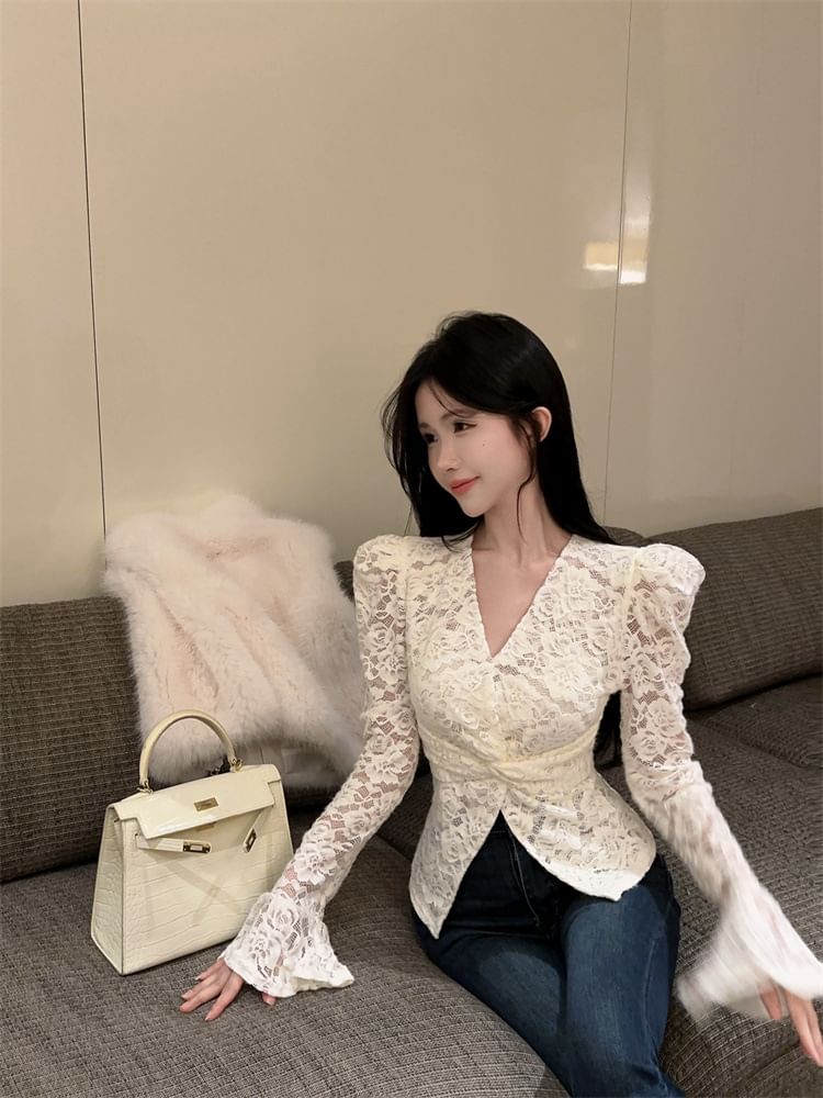 V-Neck Lace Twist Front Blouse