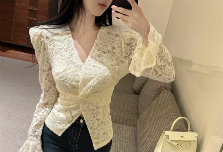 V-Neck Lace Twist Front Blouse
