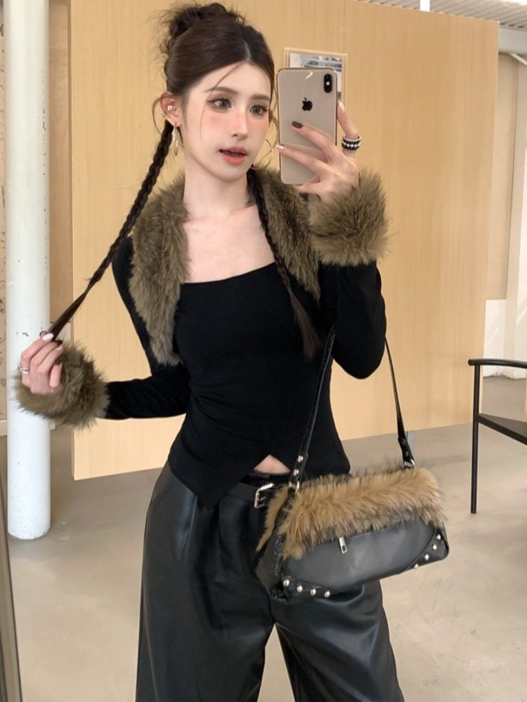 Square Neck Fluffy Panel Slit Tee