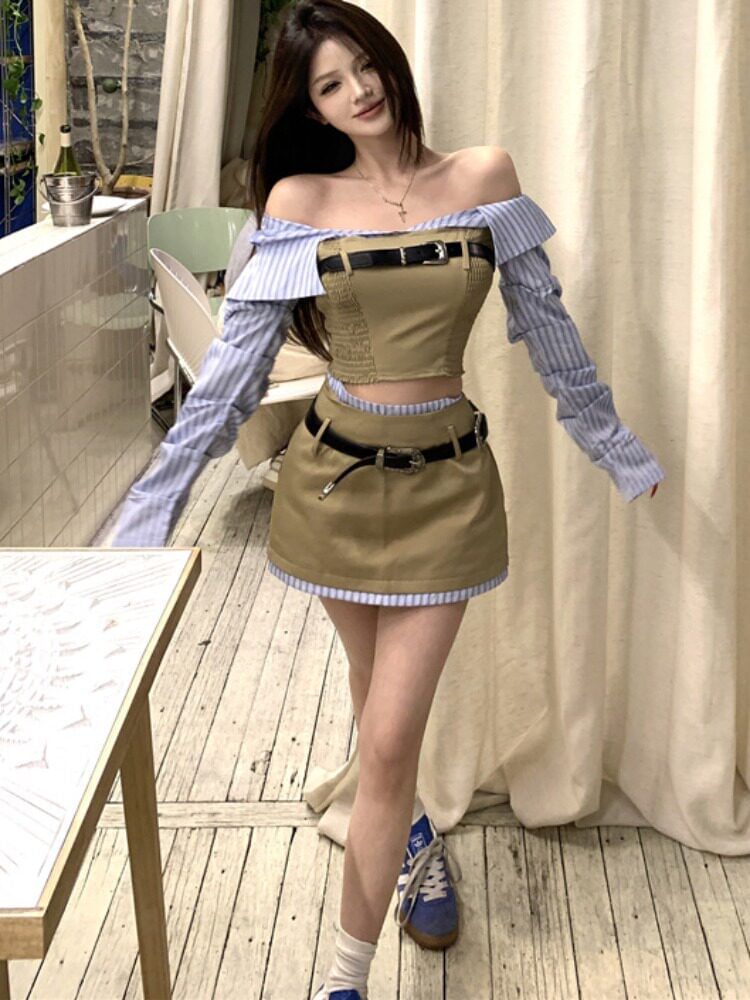 Off-Shoulder Striped Crop Blouse & Skirt Set