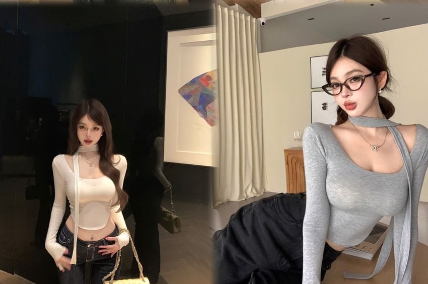 Scoop Neck Slim Crop Tee with Scarf Set