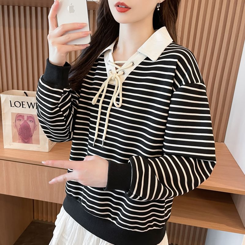 Striped Contrast Collar Lace-Up Sweater