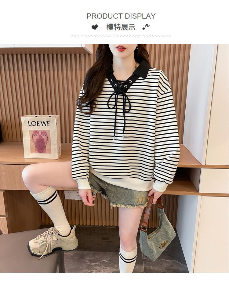 Striped Contrast Collar Lace-Up Sweater