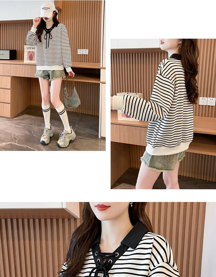Striped Contrast Collar Lace-Up Sweater