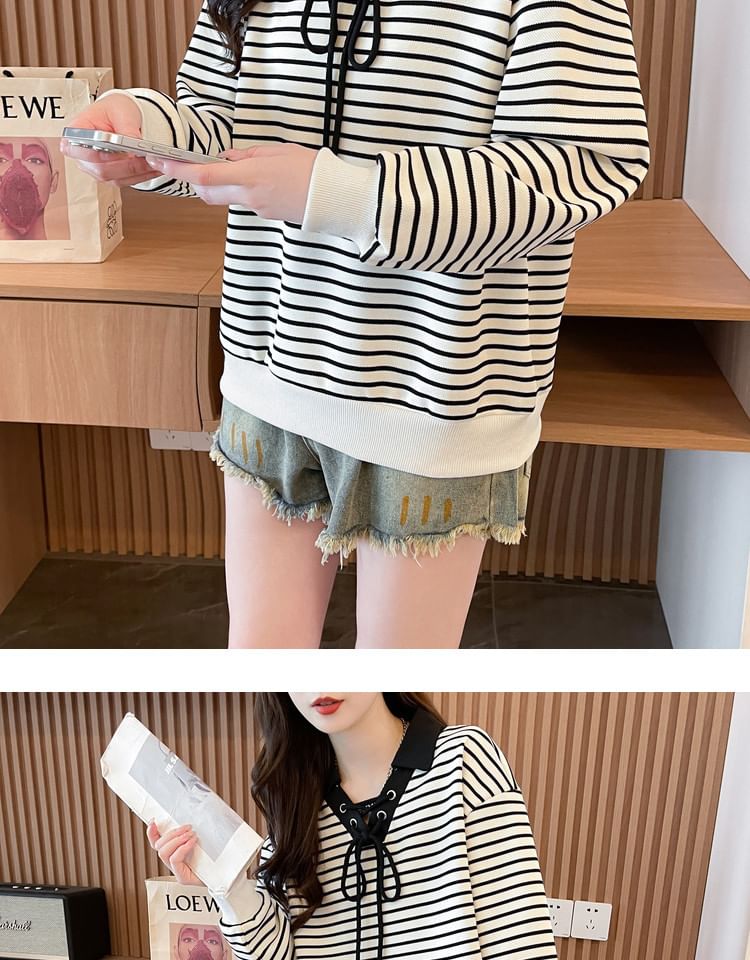 Striped Contrast Collar Lace-Up Sweater