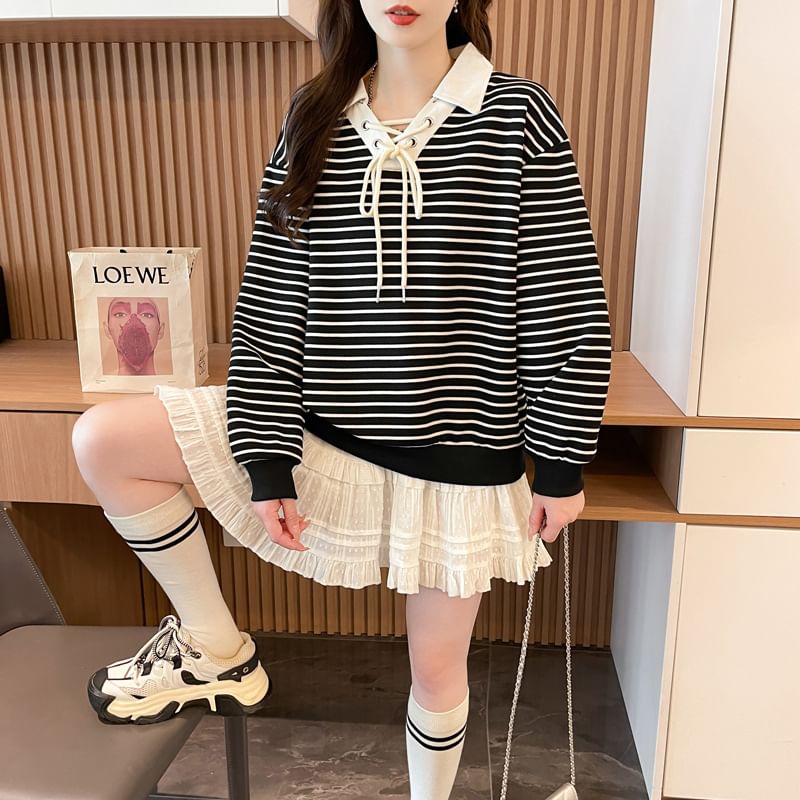 Striped Contrast Collar Lace-Up Sweater