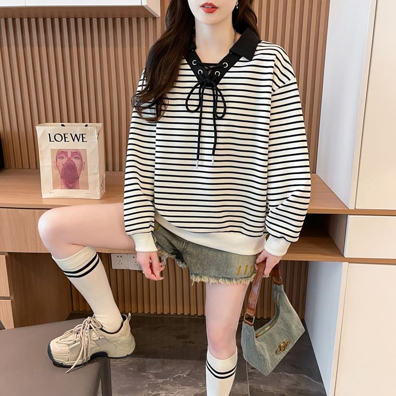 Striped Contrast Collar Lace-Up Sweater