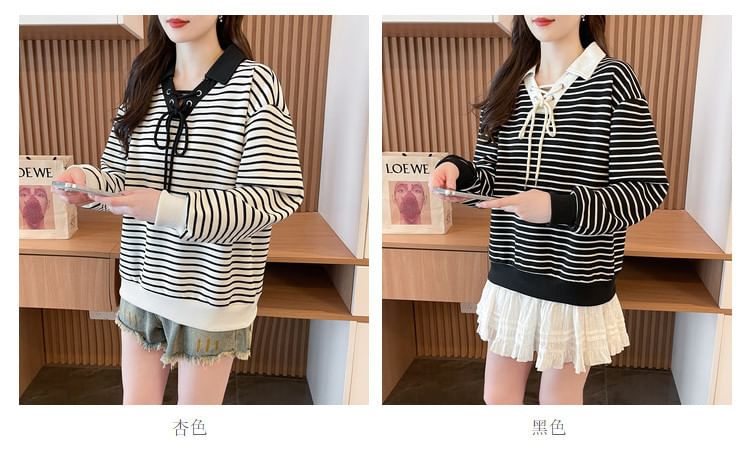 Striped Contrast Collar Lace-Up Sweater