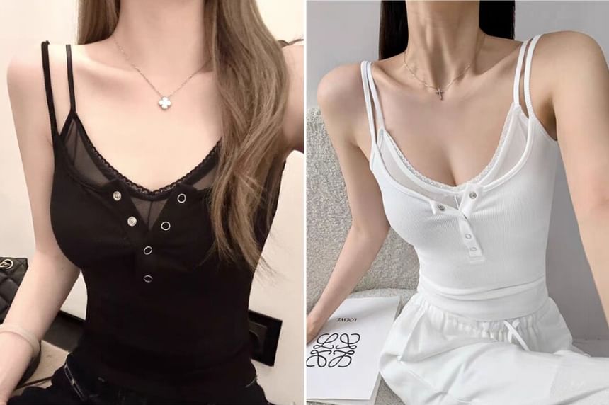 Mock Two Piece Lace Trim Henley Camisole