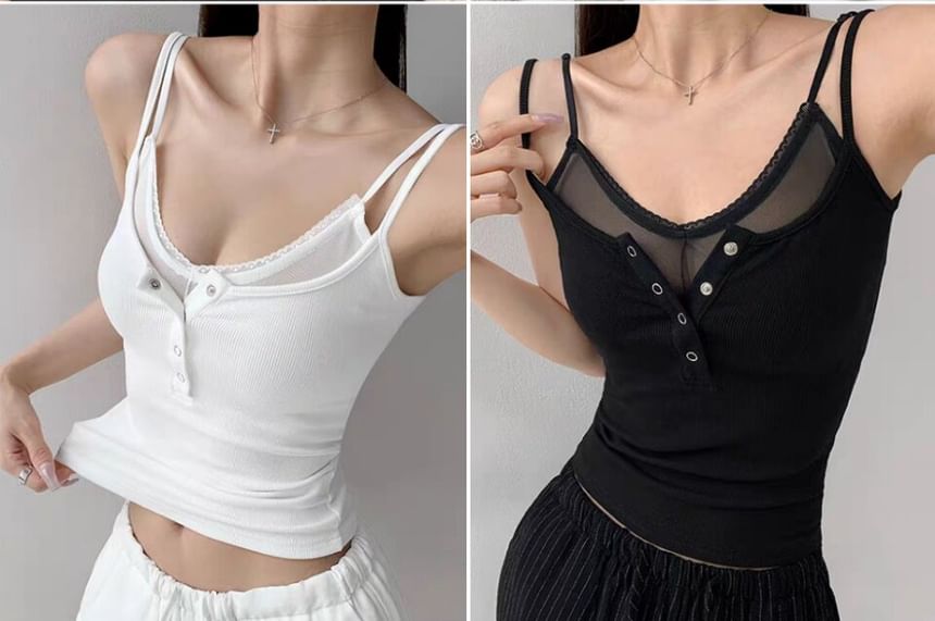 Mock Two Piece Lace Trim Henley Camisole