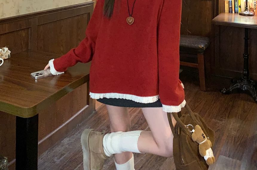 V-Neck Eyelet Lace Trim Sweater