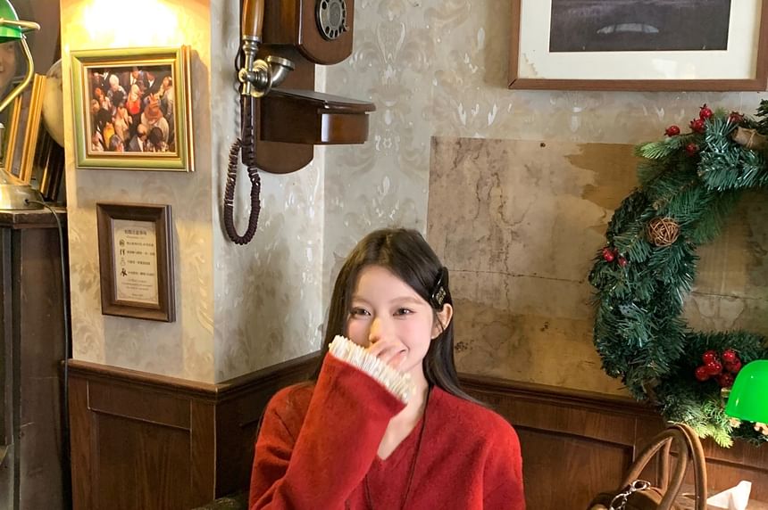 V-Neck Eyelet Lace Trim Sweater
