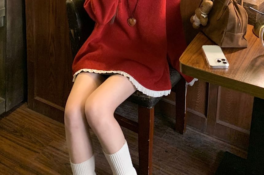 V-Neck Eyelet Lace Trim Sweater