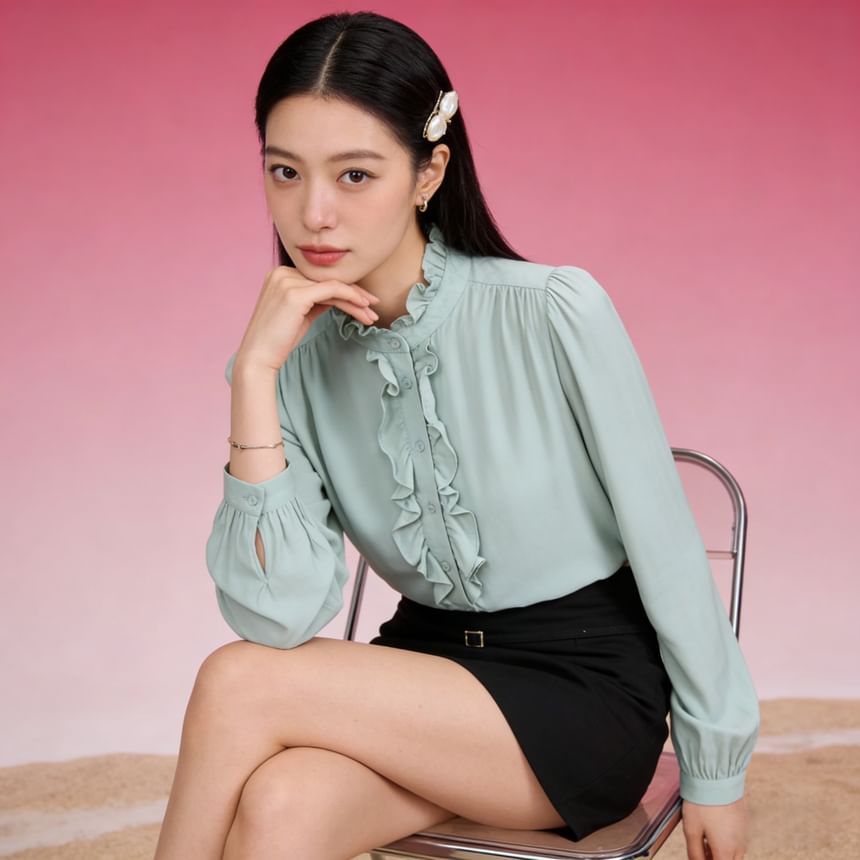 Ruffle Trim Collar Long Sleeve Blouse