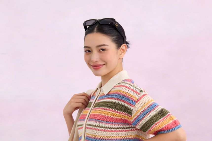Striped Button Up Knit Top And Mid Rise Shorts
