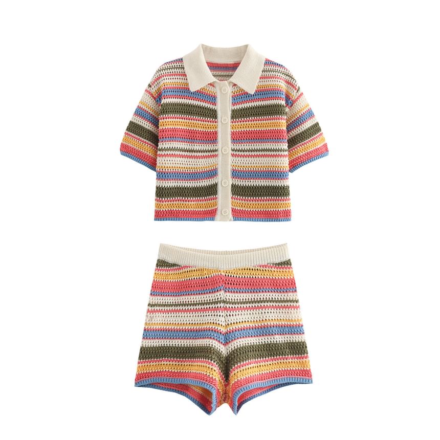 Striped Button Up Knit Top And Mid Rise Shorts