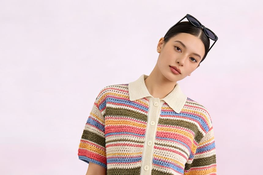 Striped Button Up Knit Top And Mid Rise Shorts
