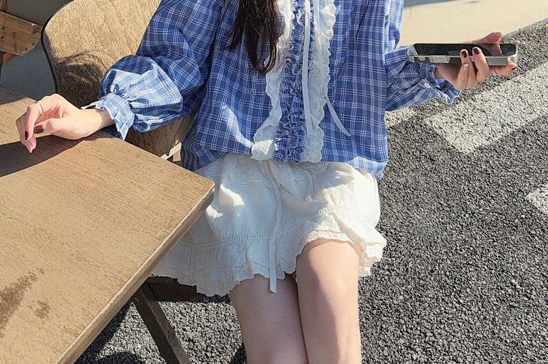 Stand Collar Plaid Lace Frill Tie Front Blouse