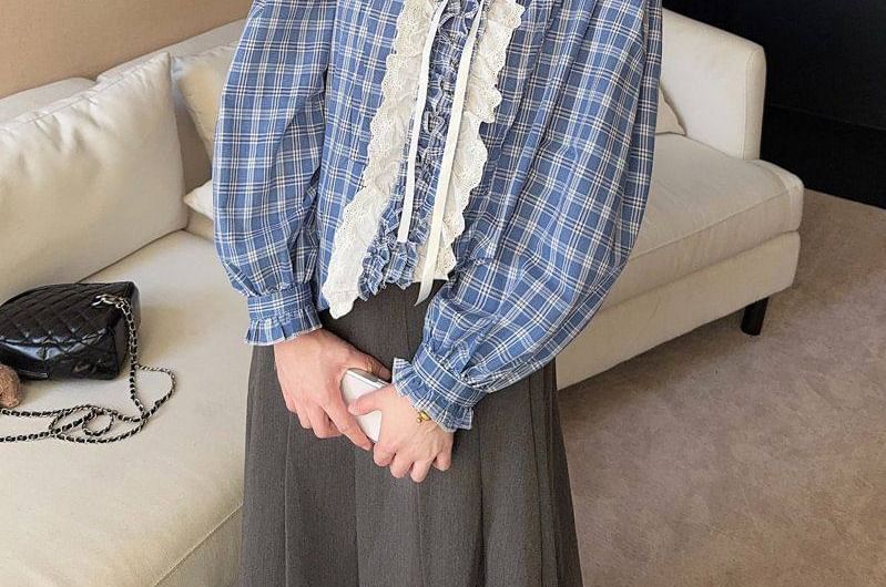 Stand Collar Plaid Lace Frill Tie Front Blouse