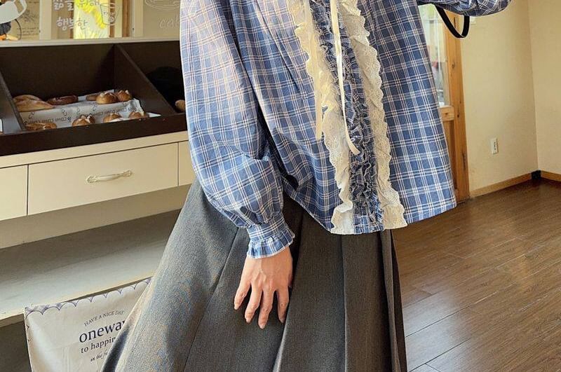 Stand Collar Plaid Lace Frill Tie Front Blouse