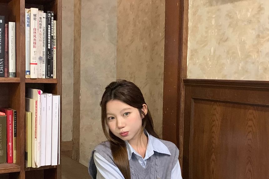 Crew Neck Long-Sleeve Button-Up Shirt with Mini Pleated Skirt & Cable Knit Vest