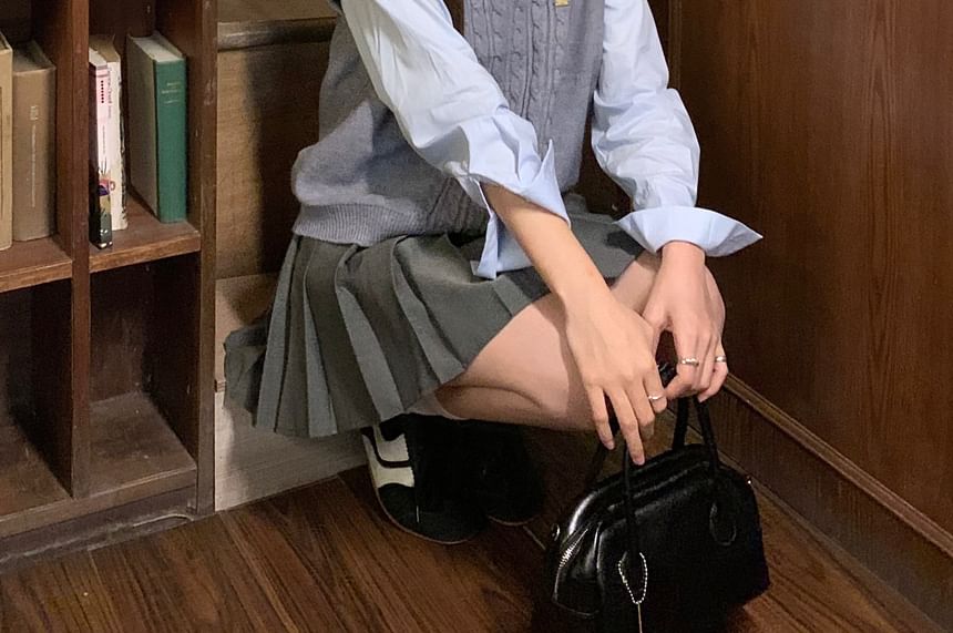 Crew Neck Long-Sleeve Button-Up Shirt with Mini Pleated Skirt & Cable Knit Vest