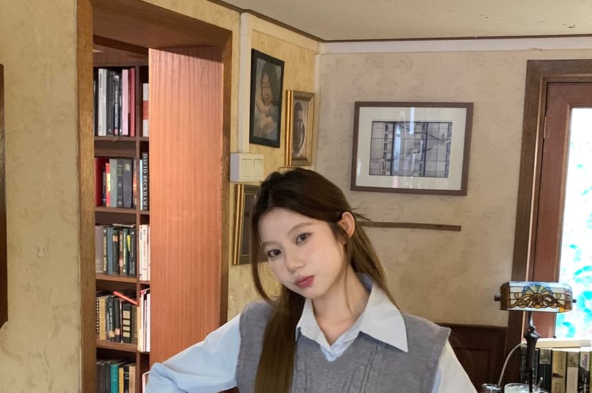 Crew Neck Long-Sleeve Button-Up Shirt with Mini Pleated Skirt & Cable Knit Vest