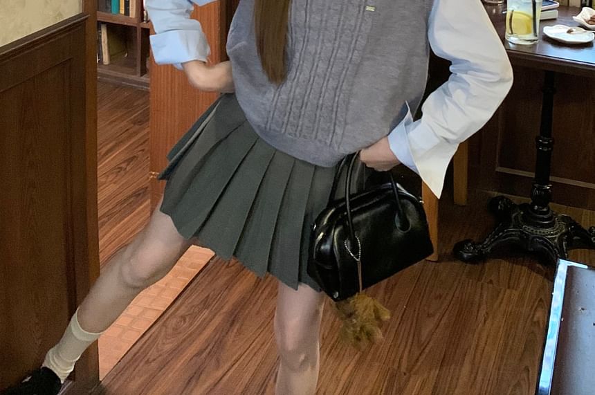 Crew Neck Long-Sleeve Button-Up Shirt with Mini Pleated Skirt & Cable Knit Vest