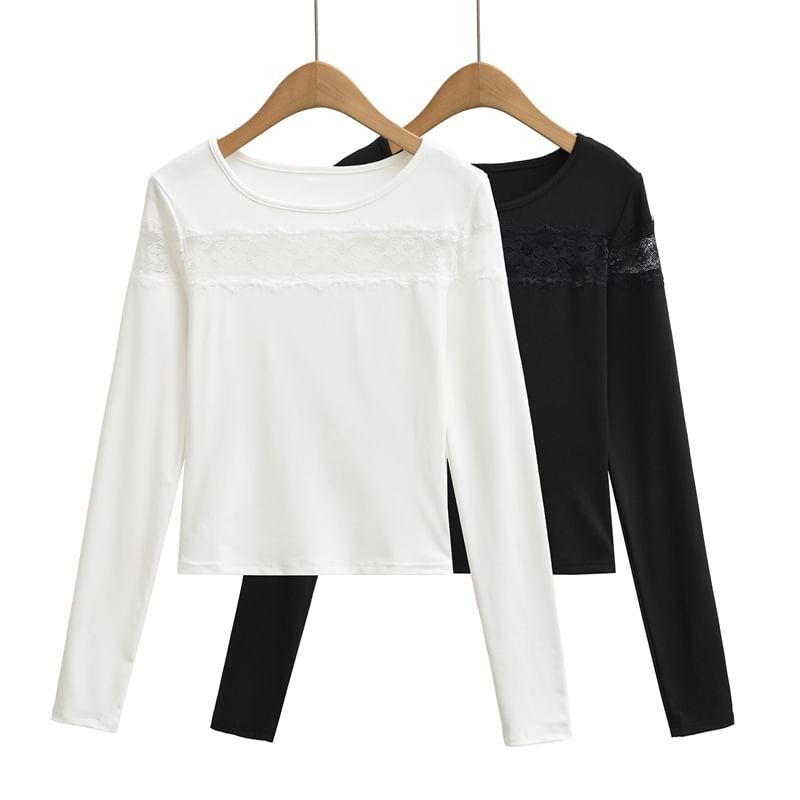 Crewneck Lace Panel Cropped Tee