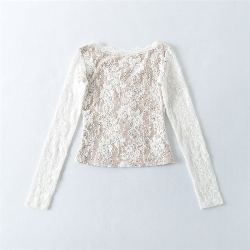 V-Neck Lace Cropped Long Sleeve Top
