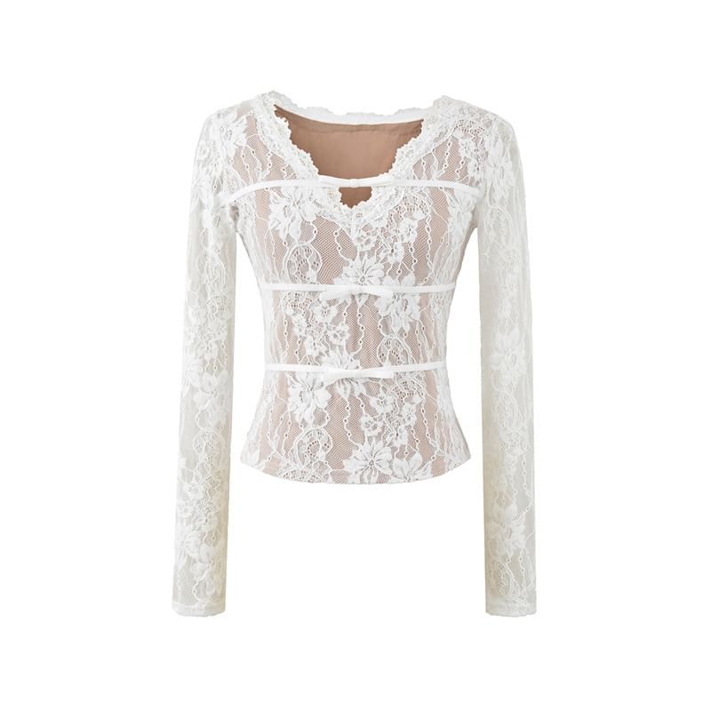 V-Neck Lace Cropped Long Sleeve Top
