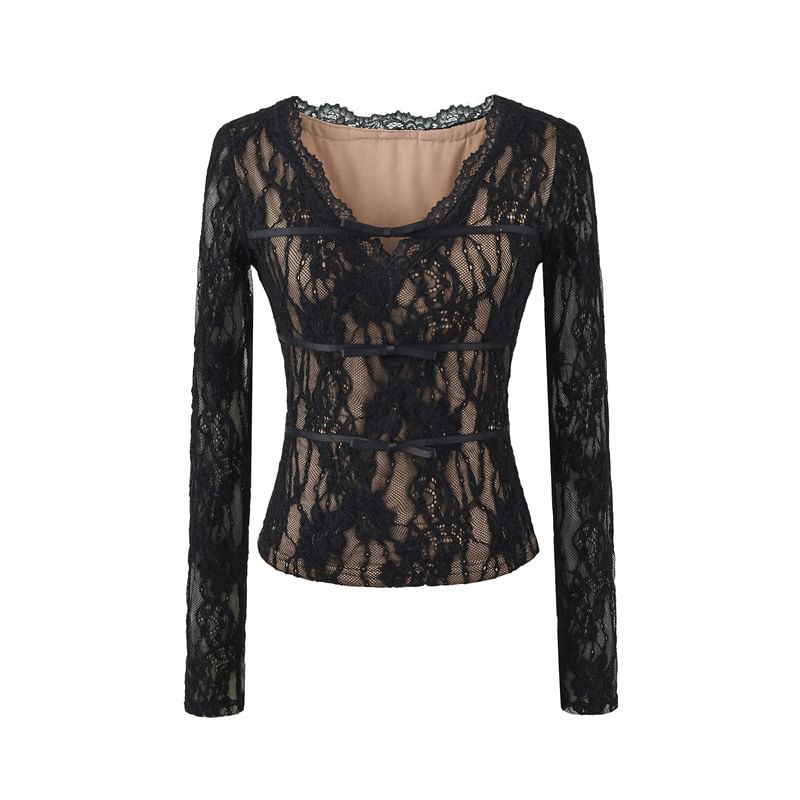 V-Neck Lace Cropped Long Sleeve Top