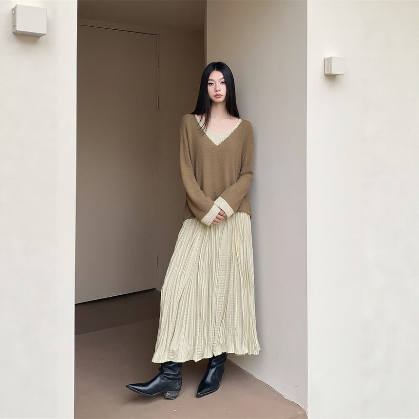 Mock Neck Long-Sleeve Top with High-Waist Plaid A-Line Midi Skirt