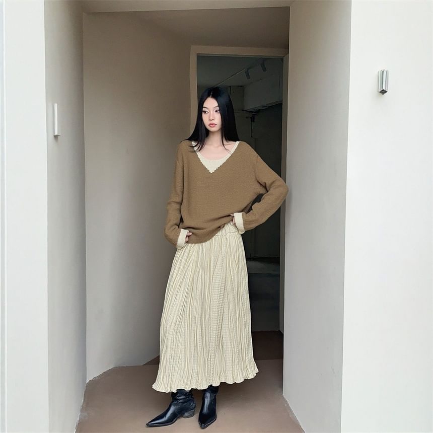 Mock Neck Long-Sleeve Top with High-Waist Plaid A-Line Midi Skirt