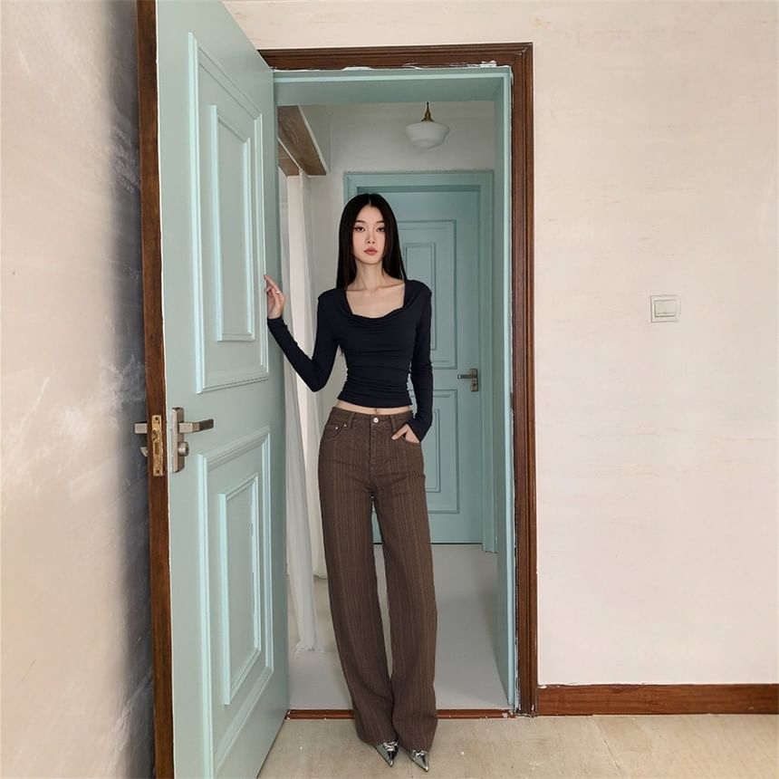 Mock Neck Long-Sleeve Top with High-Waist Plaid A-Line Midi Skirt