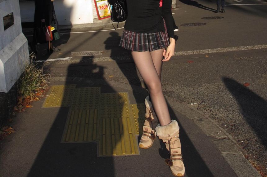 Mock Neck Long-Sleeve T-Shirt with Belt and Tartan Pleated Mini Skirt Set